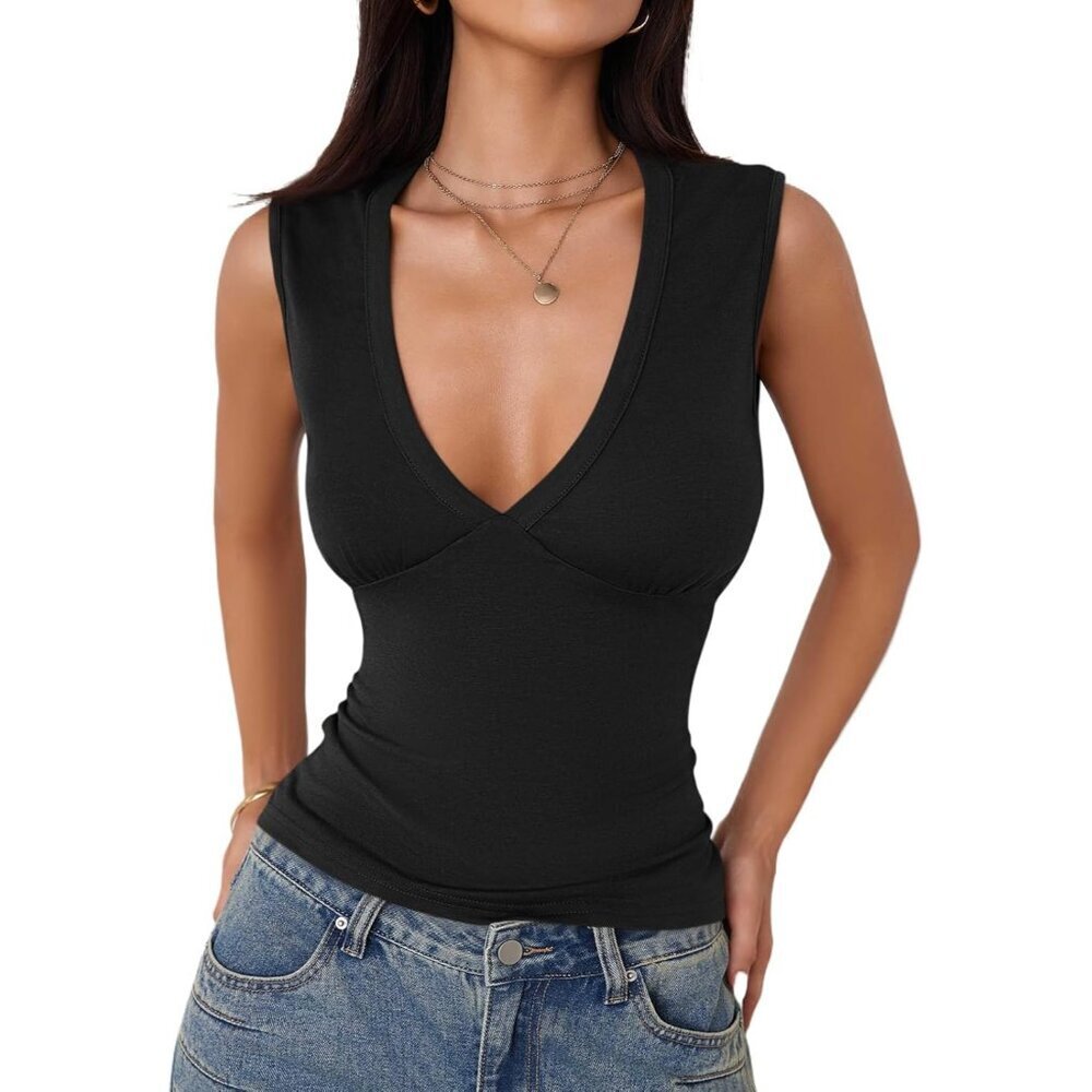 Women's Sleeveless Deep V Neck Tank Top Slim Fit Summer Casual Workout